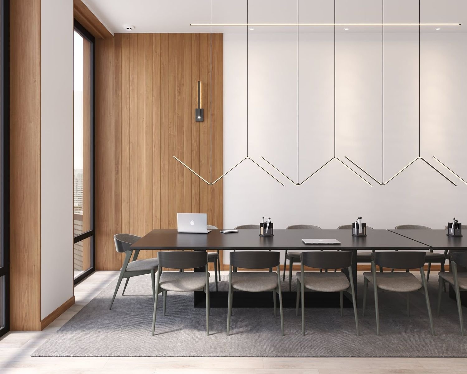 Sala de reunião com mesa longa Pollus e cadeiras estofadas